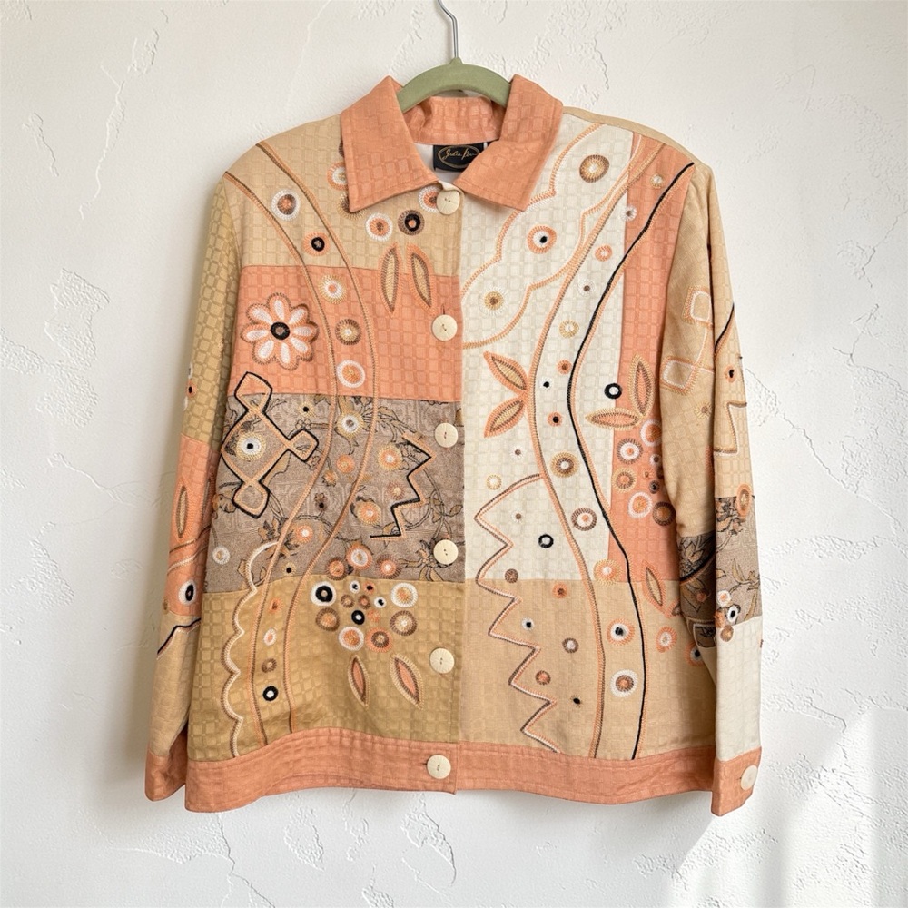 Julia Kim Embroidered Patchwork Tapestry Jacket - Peach, Cream, and Gold